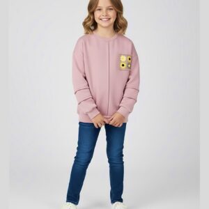 Çiçek Nakışlı Üç İplik Şardonlu Kız Çocuk Sweat