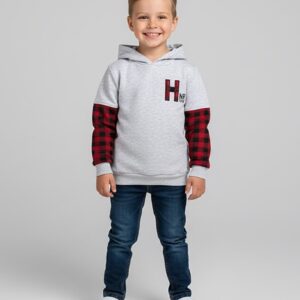 Ekose Kol Detaylı Üç İp Gri Erkek Çocuk Sweatshirt